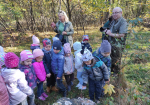 Dzieci w lesie poznają różne gatunki grzybów