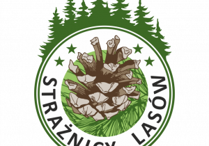 Obrazek szyszki na zielonym tle z napisem "Strażnicy Lasów"